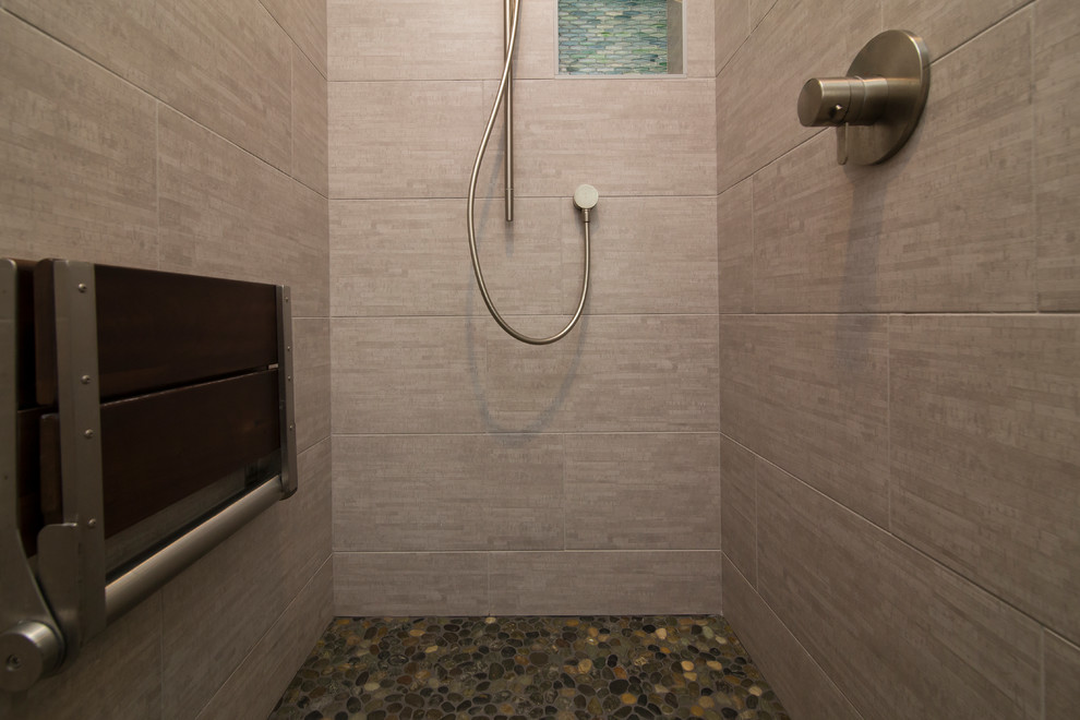 Example of a mid-sized mid-century modern master blue tile and glass sheet porcelain tile and gray floor bathroom design in Raleigh with flat-panel cabinets, dark wood cabinets, a two-piece toilet, blue walls, an undermount sink, recycled glass countertops and gray countertops