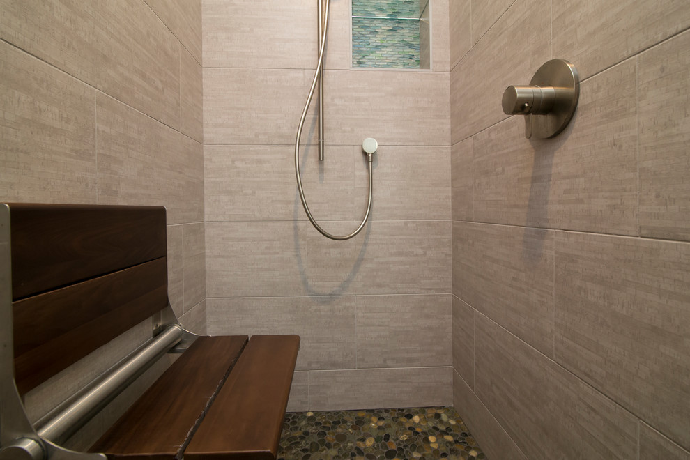 Inspiration for a mid-sized 1960s master blue tile and glass sheet porcelain tile and gray floor bathroom remodel in Raleigh with flat-panel cabinets, dark wood cabinets, a two-piece toilet, blue walls, an undermount sink, recycled glass countertops and gray countertops