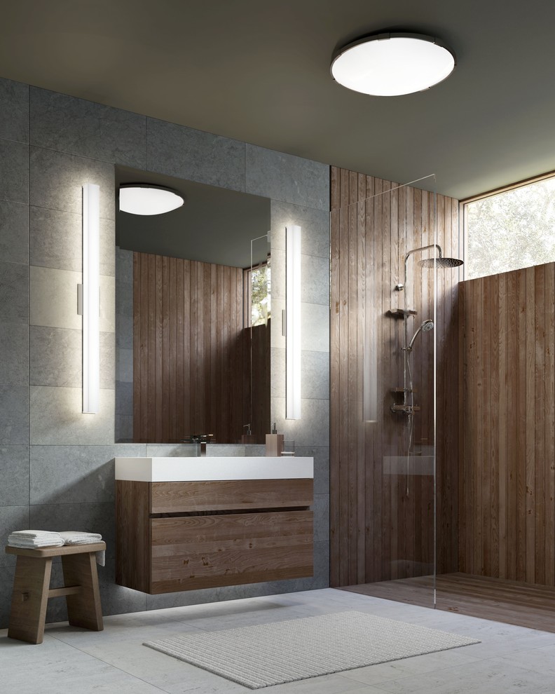 Idée de décoration pour une grande salle de bain principale design en bois brun avec un placard à porte plane, une douche ouverte, un carrelage gris, un sol en carrelage de porcelaine, un sol blanc et aucune cabine.