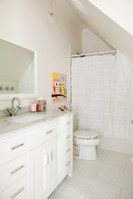 Photo of an eclectic bathroom in Vancouver with shaker cabinets, white cabinets, an alcove bath, a shower/bath combination, white walls, cork flooring, a submerged sink, quartz worktops, white floors and a shower curtain.