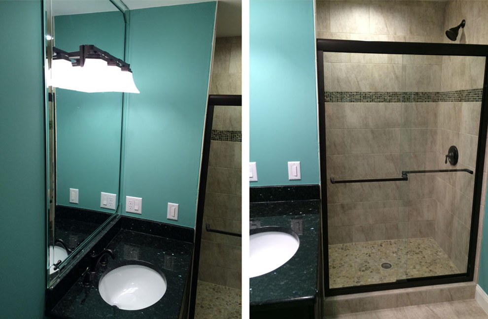 This is an example of a medium sized contemporary shower room bathroom in Charlotte with a submerged sink, shaker cabinets, black cabinets, granite worktops, an alcove shower, a two-piece toilet, beige tiles, stone tiles, blue walls and porcelain flooring.