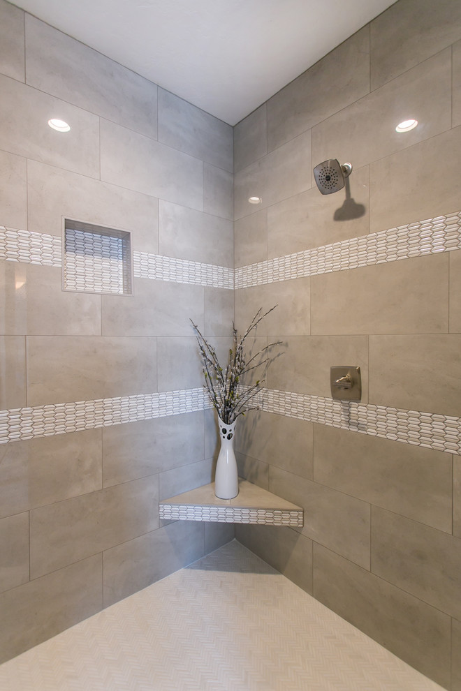 Photo of a large classic ensuite bathroom in Seattle with shaker cabinets, dark wood cabinets, a built-in bath, a corner shower, a two-piece toilet, grey tiles, glass tiles, grey walls, porcelain flooring, a submerged sink, engineered stone worktops, grey floors, an open shower and white worktops.