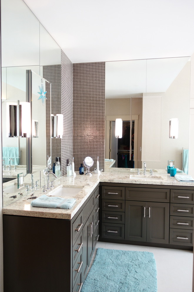 Bathroom - mid-sized coastal master brown tile and mosaic tile ceramic tile and white floor bathroom idea in Atlanta with shaker cabinets, brown cabinets, beige walls, an undermount sink and granite countertops