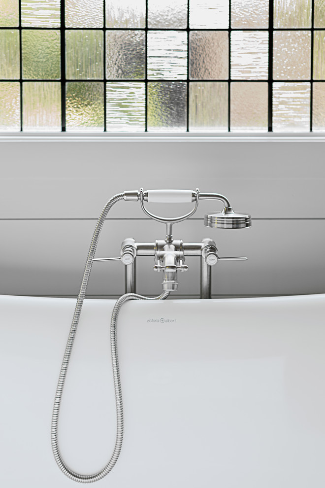 Bathroom - mid-sized transitional master porcelain tile porcelain tile and gray floor bathroom idea in Other with blue walls, flat-panel cabinets, gray cabinets, an undermount sink, marble countertops and a hinged shower door