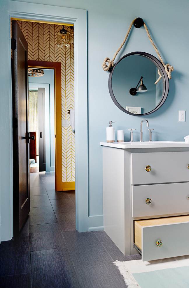 Bathroom - mid-sized transitional kids' black tile bathroom idea in Nashville with blue walls, flat-panel cabinets, gray cabinets and marble countertops