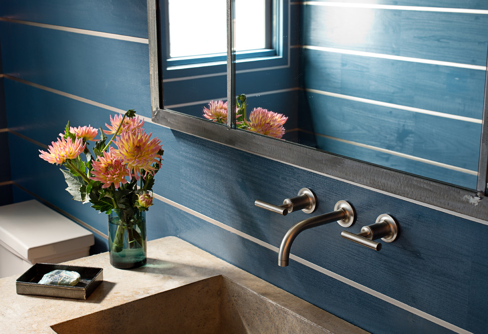 Bathroom - mid-sized transitional 3/4 bathroom idea in Other with blue walls, flat-panel cabinets, dark wood cabinets, an integrated sink and concrete countertops