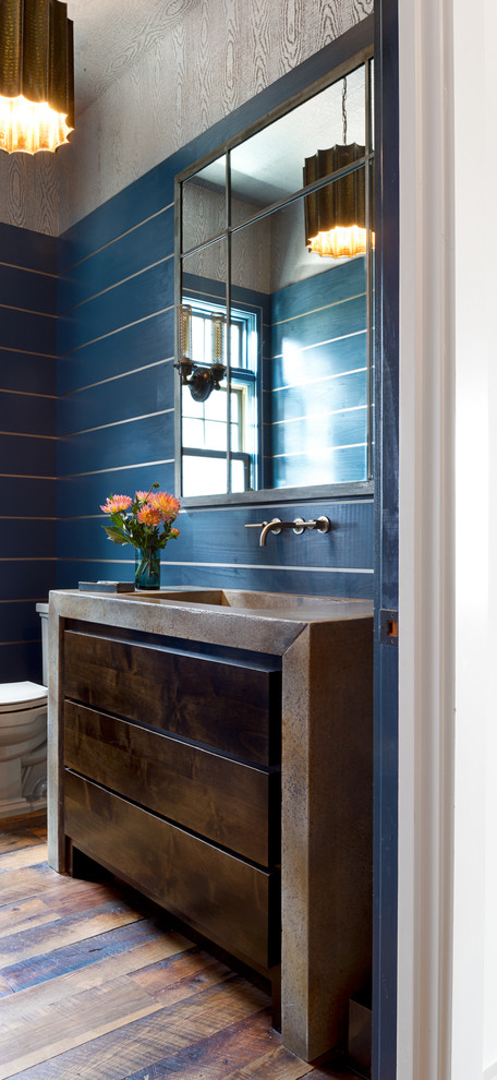 Mid-sized transitional 3/4 bathroom photo in Other with blue walls, flat-panel cabinets, dark wood cabinets, concrete countertops and an integrated sink