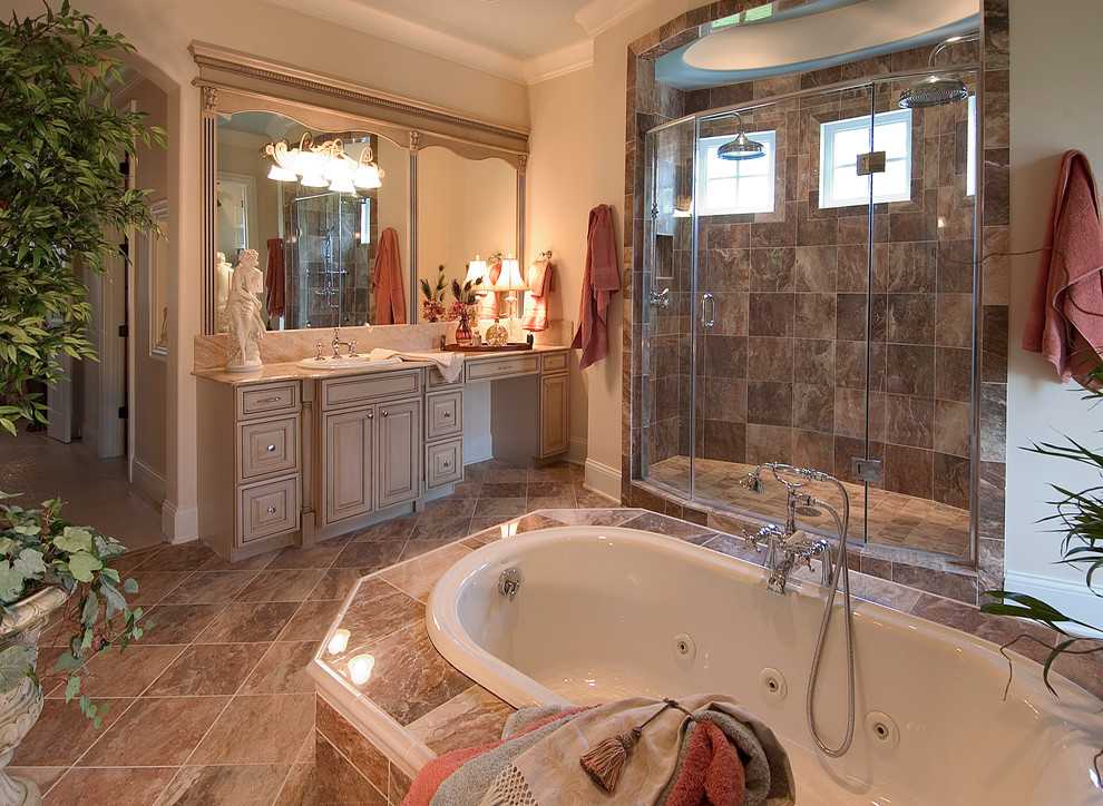 Inspiration for a timeless multicolored tile and stone tile double shower remodel in Nashville with a vessel sink, beige cabinets, wood countertops, a hot tub and a one-piece toilet