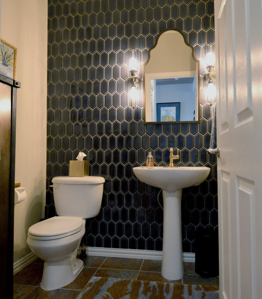 Example of a small eclectic blue tile bathroom design in Denver