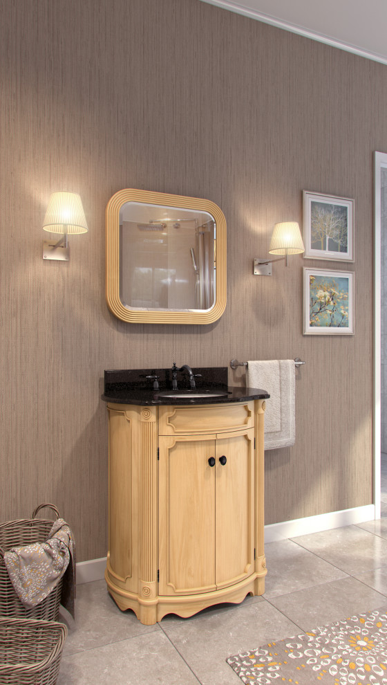 Idee per una piccola stanza da bagno chic con consolle stile comò, ante in legno chiaro, piastrelle beige, piastrelle in ceramica, lavabo sottopiano e top in granito