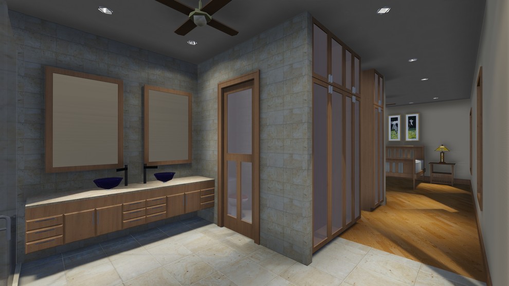 Стильный дизайн: главная ванная комната среднего размера в стиле фьюжн с светлыми деревянными фасадами, отдельно стоящей ванной, угловым душем, бежевой плиткой, полом из известняка, плоскими фасадами, инсталляцией, плиткой из известняка, серыми стенами, настольной раковиной, столешницей из известняка и душем с раздвижными дверями - последний тренд