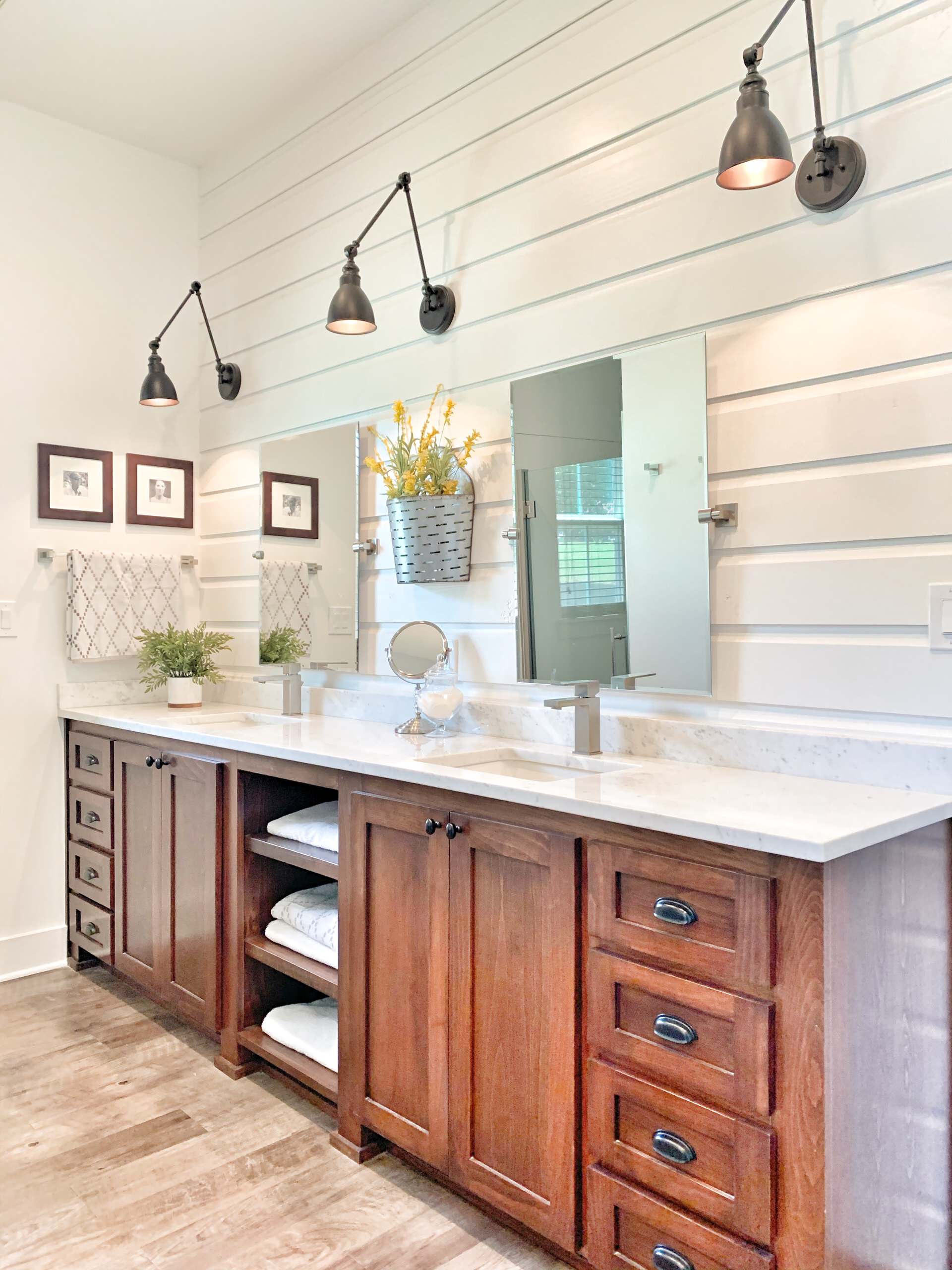 75 Beautiful Shiplap Wall Bathroom With Brown Cabinets Pictures Ideas July 2021 Houzz