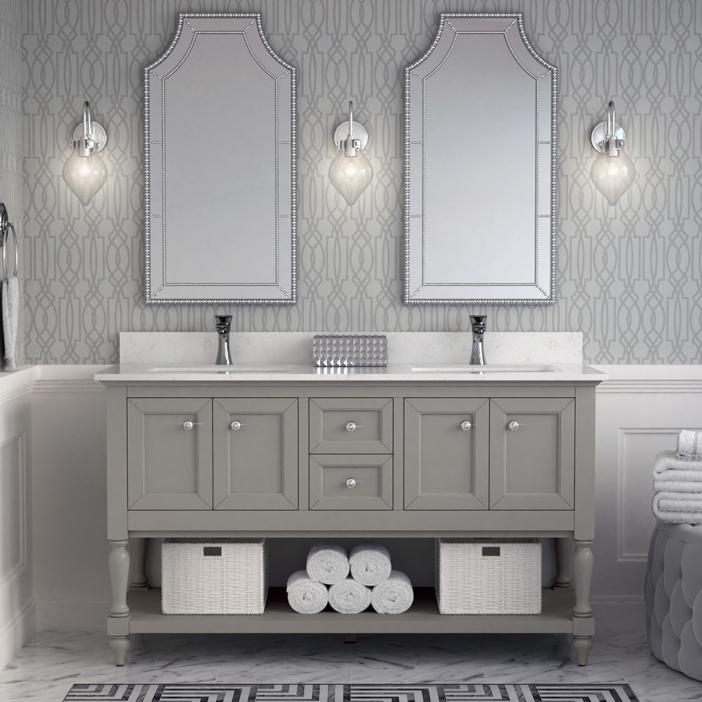 Inspiration för mellanstora klassiska beige en-suite badrum, med öppna hyllor, grå skåp, ett undermonterad handfat och bänkskiva i kvarts