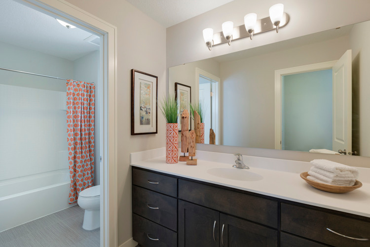 Источник вдохновения для домашнего уюта: ванная комната в современном стиле с коричневыми фасадами