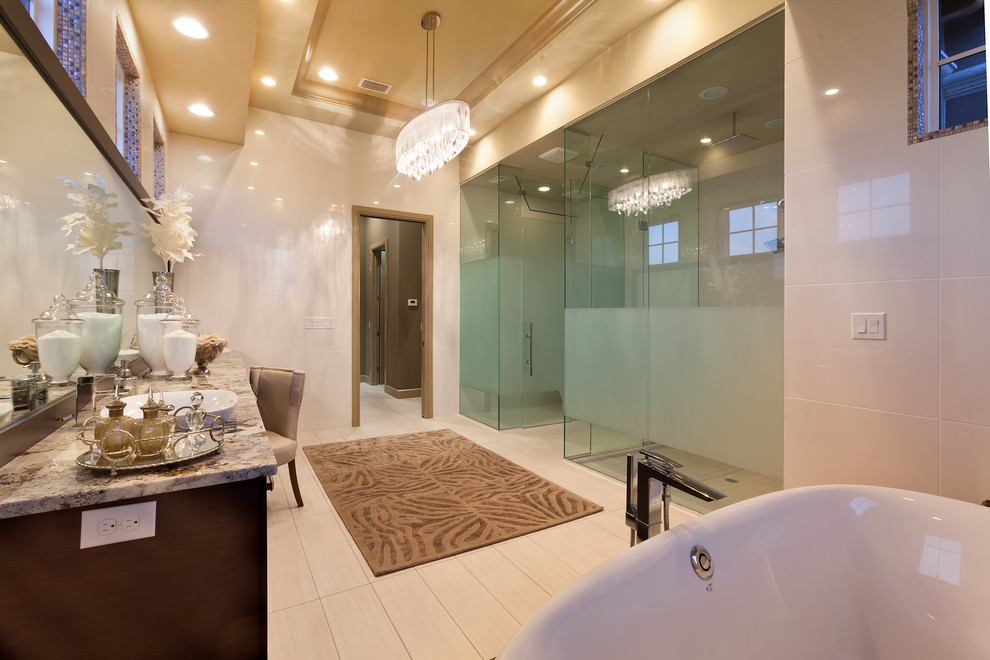 Huge trendy master white tile and ceramic tile porcelain tile bathroom photo in Tampa with a pedestal sink, flat-panel cabinets, dark wood cabinets, granite countertops, a one-piece toilet and beige walls