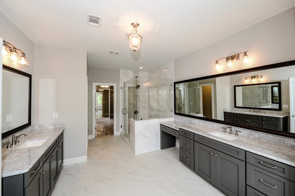 Bathroom - huge traditional master porcelain tile white floor and porcelain tile bathroom idea in Atlanta with shaker cabinets, gray cabinets, white walls, an undermount sink, a hinged shower door and quartz countertops