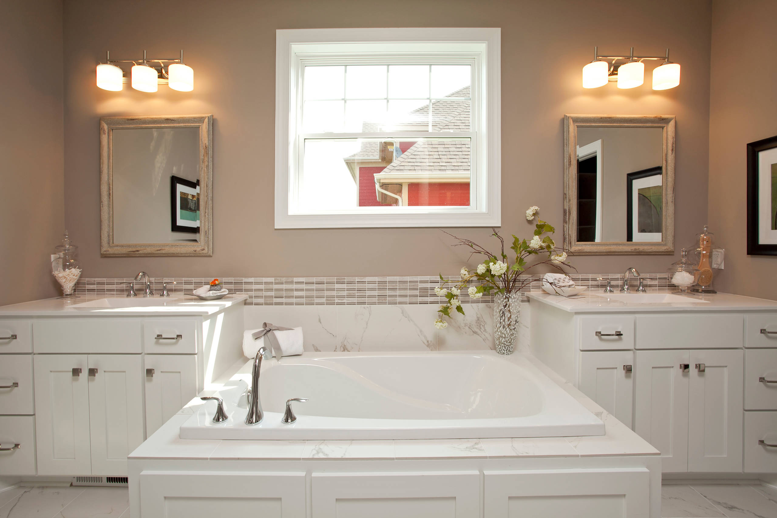 Corner Shower Shelves - Transitional - bathroom - Sherwin Williams Mega  Greige - Involving Color