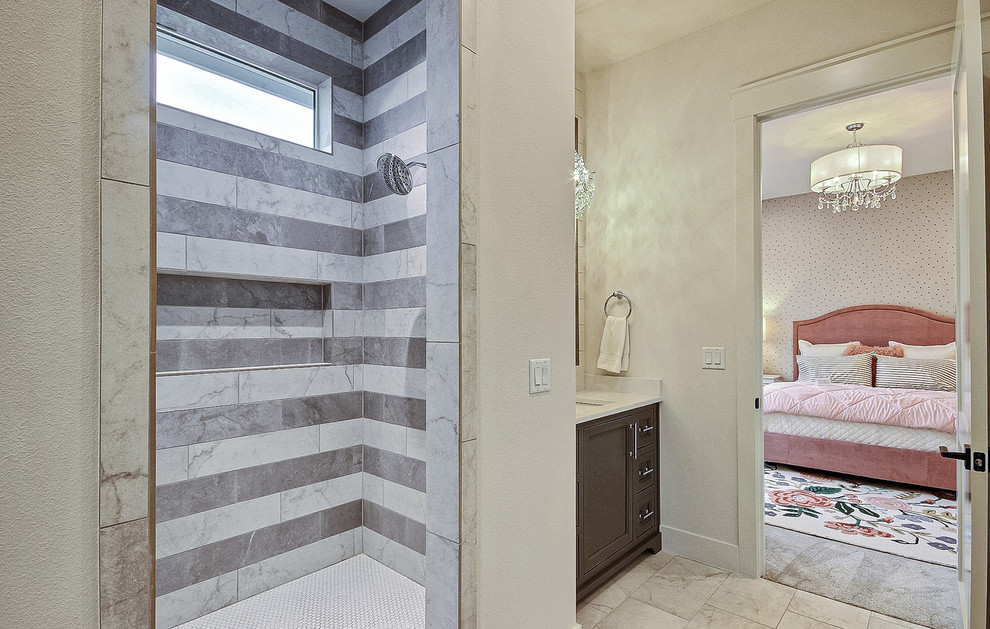 Example of a huge country kids' multicolored tile and ceramic tile cement tile floor and gray floor bathroom design in Portland with shaker cabinets, gray cabinets, a one-piece toilet, beige walls, an undermount sink, quartz countertops and white countertops