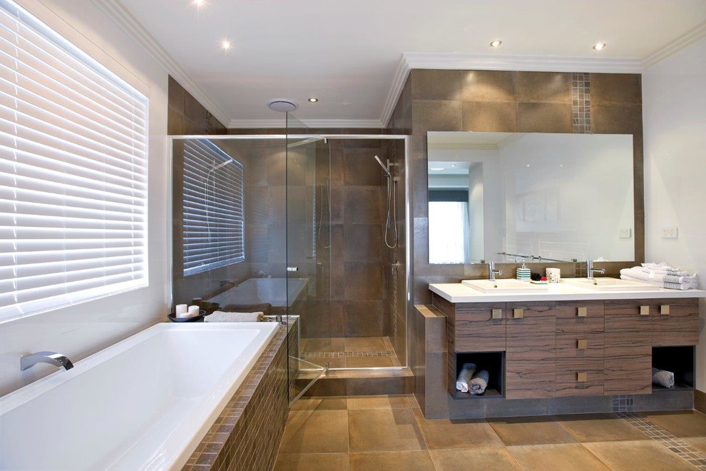 Design ideas for a large modern ensuite bathroom in Perth with flat-panel cabinets, white cabinets, a built-in bath, a double shower, a one-piece toilet, brown tiles, ceramic tiles, brown walls, ceramic flooring, a submerged sink, engineered stone worktops, brown floors, a hinged door, white worktops, an enclosed toilet, double sinks and a built in vanity unit.