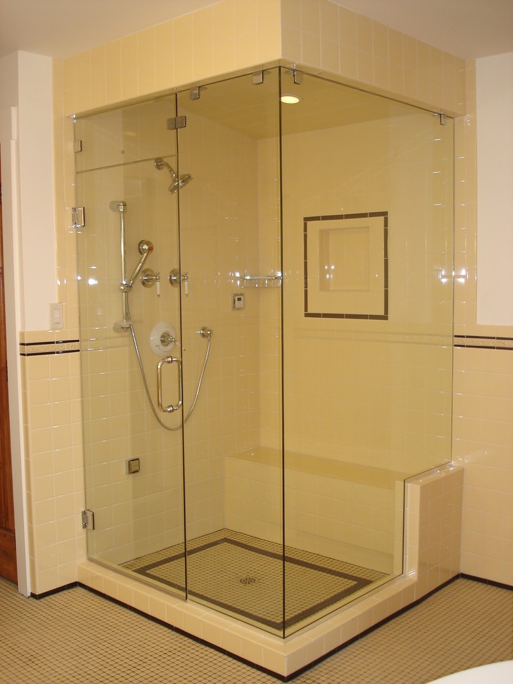 Inspiration for an ensuite bathroom in New York with a freestanding bath, a corner shower, yellow tiles, ceramic tiles, white walls, ceramic flooring, a pedestal sink, white floors and a hinged door.