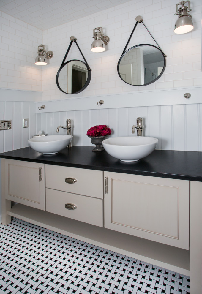 Example of a large cottage master bathroom design in New York with beaded inset cabinets, beige cabinets, white walls, a vessel sink and quartz countertops