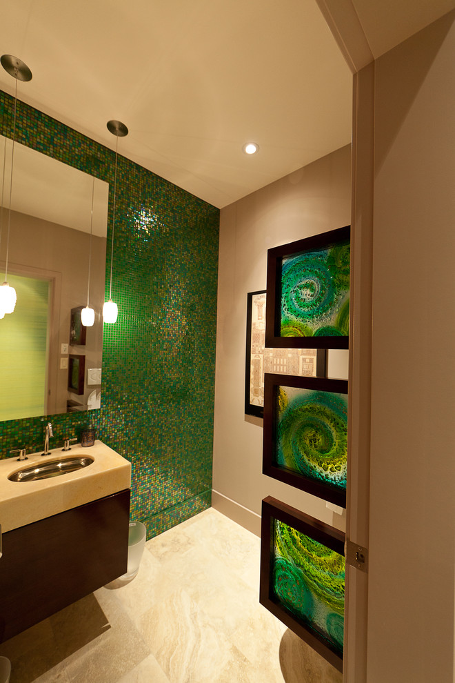 Bathroom - contemporary mosaic tile and green tile bathroom idea in Edmonton with green walls