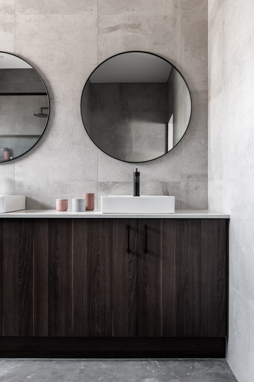 Gray Backsplash Behind Bathroom Sink with Dark Wood Cabinet Gray Backsplash Behind Bathroom Sink with Dark Wood Cabinet