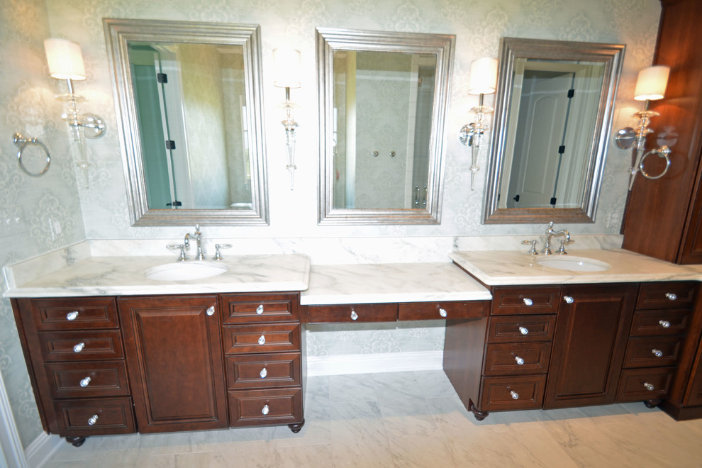 Large elegant master white tile and stone slab ceramic tile bathroom photo in Louisville with an undermount sink, raised-panel cabinets, medium tone wood cabinets, quartzite countertops and green walls