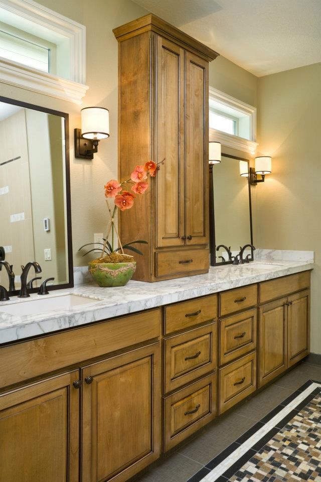 Inspiration for a large transitional master gray floor bathroom remodel in Portland with raised-panel cabinets, medium tone wood cabinets, beige walls, an undermount sink and marble countertops