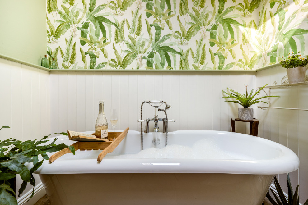 Inspiration for a medium sized traditional bathroom in Devon with a freestanding bath, beige tiles, green walls and wallpapered walls.