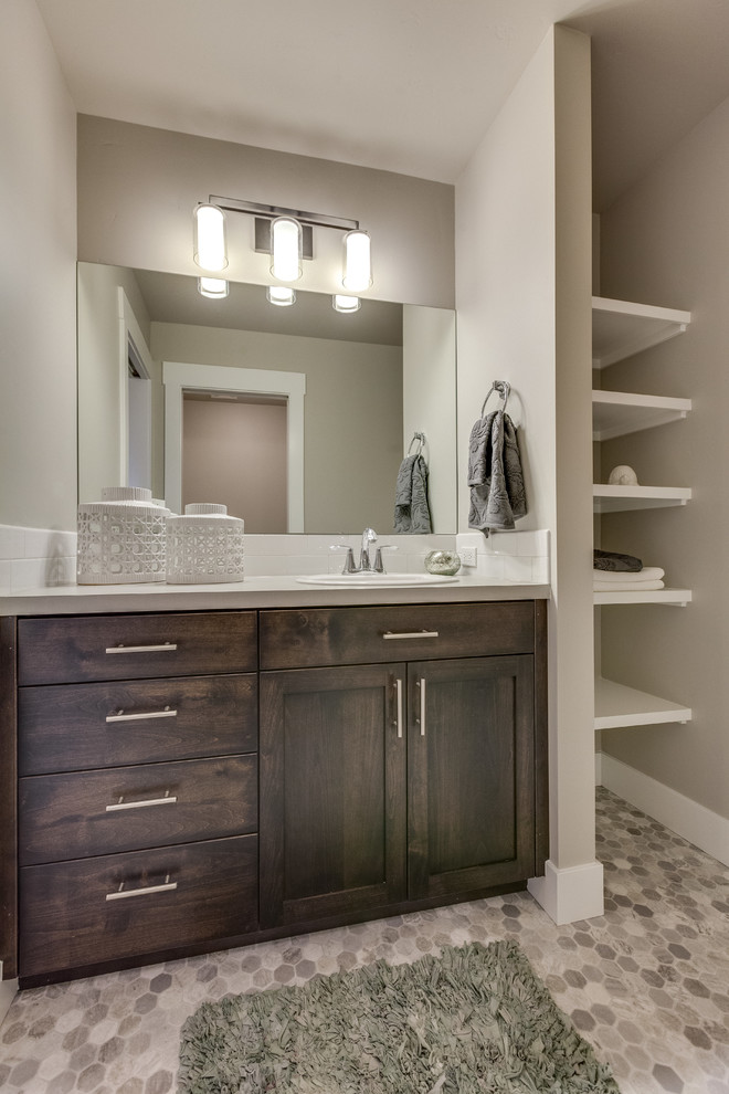 Inspiration for a large family bathroom in Boise with shaker cabinets, white tiles and grey walls.
