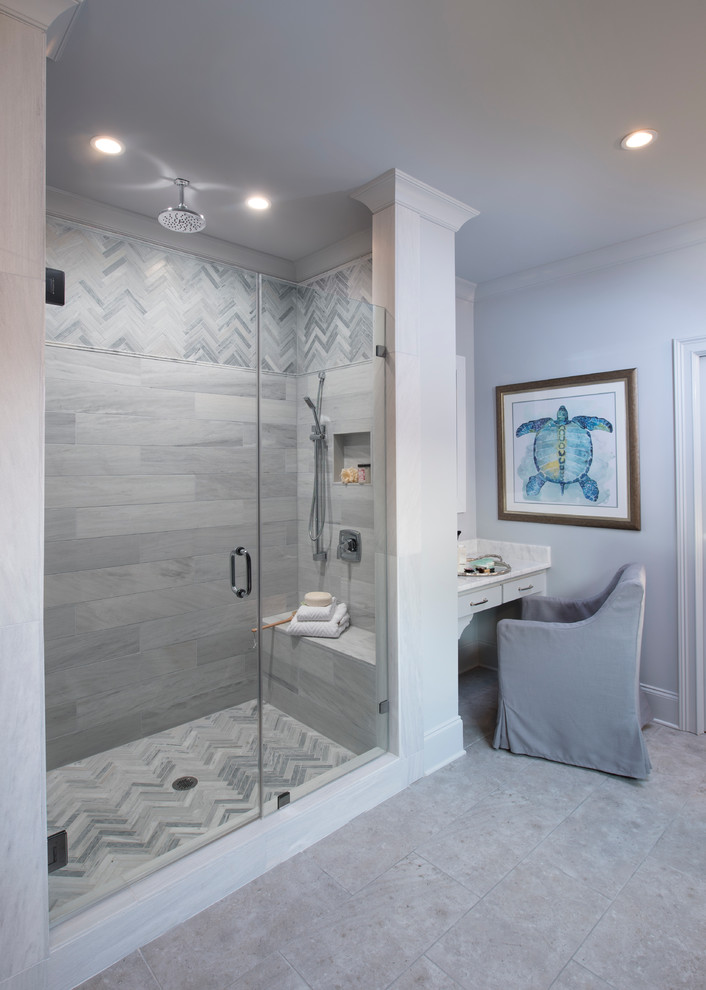 Large ensuite bathroom in Atlanta with grey cabinets, grey tiles, grey walls, porcelain flooring and granite worktops.