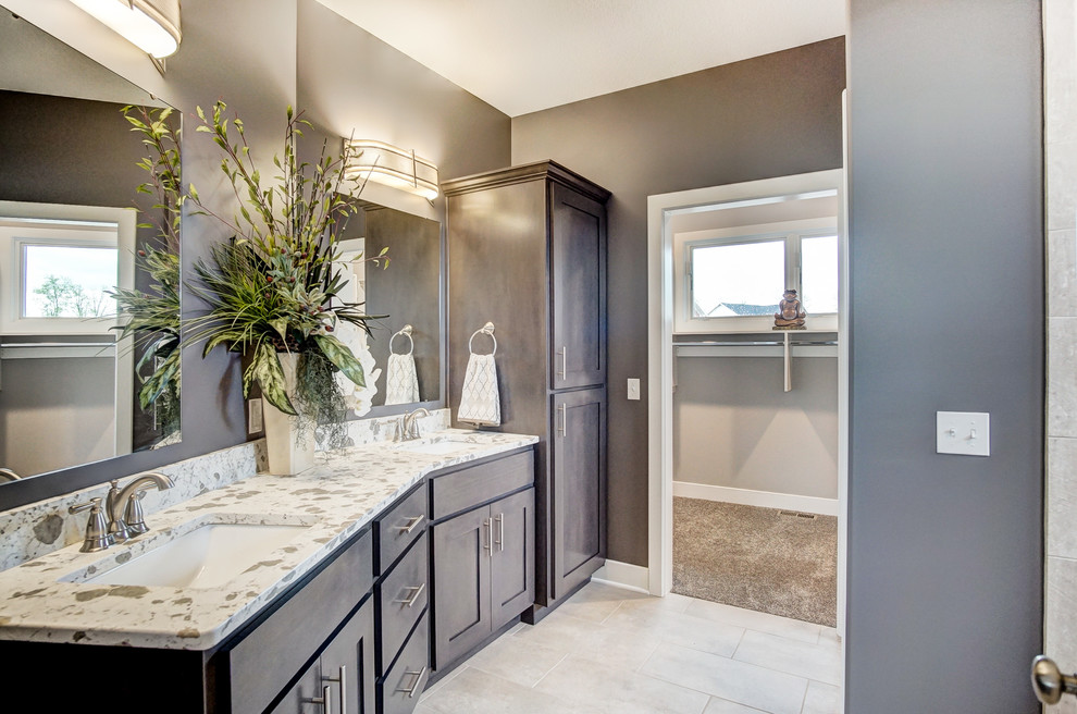 Bathroom - large modern master gray tile and cement tile ceramic tile and gray floor bathroom idea in Other with shaker cabinets, gray cabinets, a one-piece toilet, gray walls, an undermount sink, quartz countertops and multicolored countertops