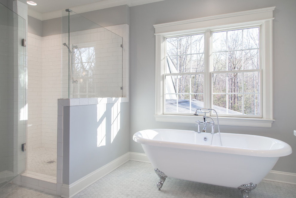 Example of a mid-sized classic master white tile and marble tile marble floor and white floor bathroom design in Charlotte with flat-panel cabinets, gray cabinets, a bidet, gray walls, an undermount sink, marble countertops and a hinged shower door