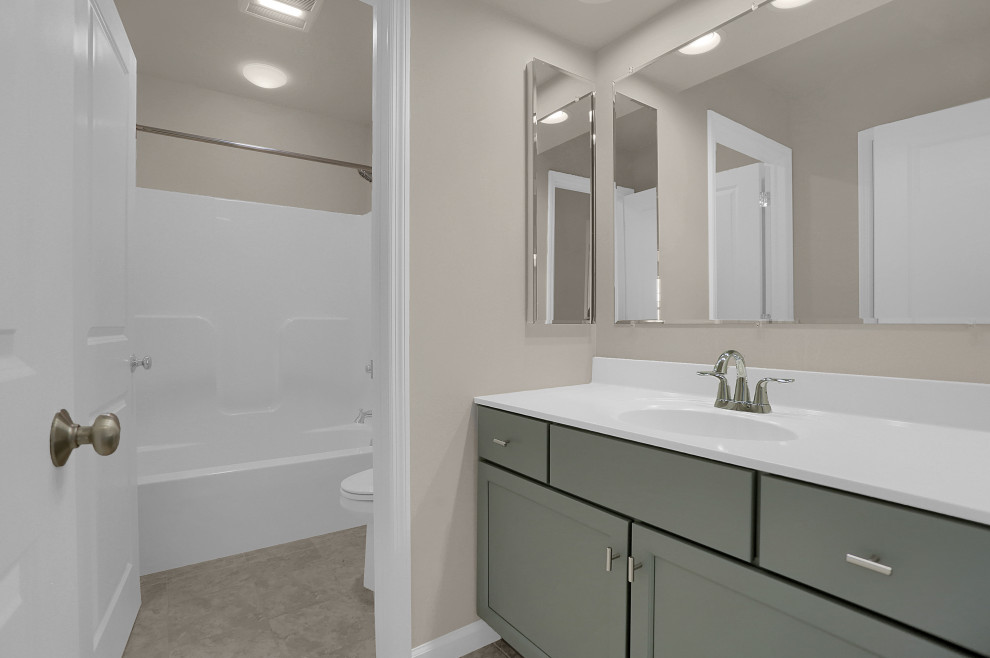 Bathroom - mid-sized transitional 3/4 ceramic tile, beige floor and single-sink bathroom idea in Other with shaker cabinets, gray cabinets, beige walls, an integrated sink, marble countertops, white countertops and a built-in vanity