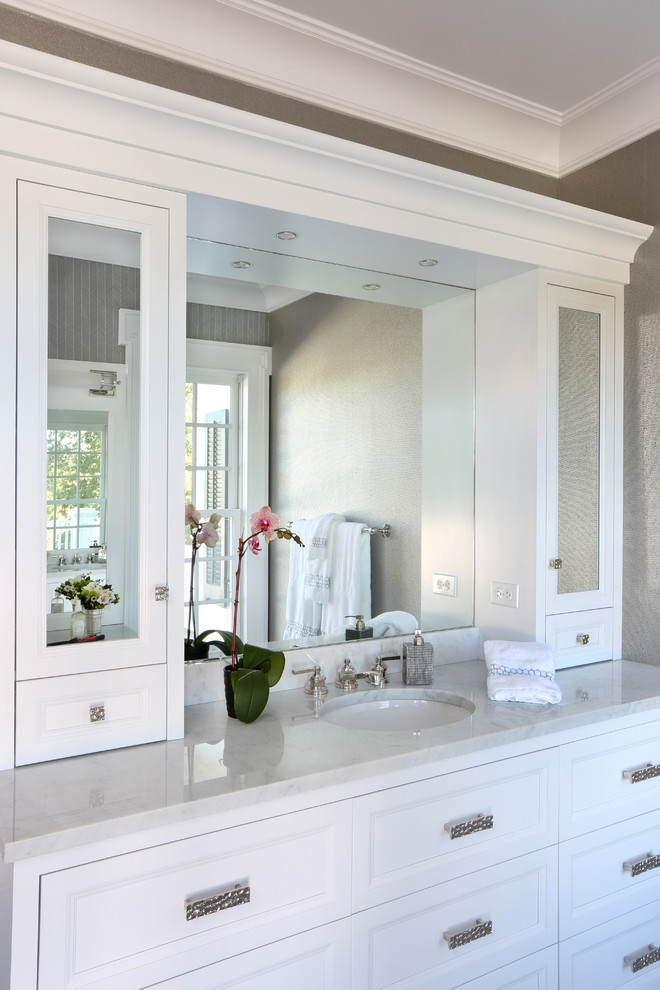 Design ideas for a large traditional family bathroom in Other with recessed-panel cabinets, white cabinets, grey walls, marble flooring, a submerged sink, marble worktops and grey floors.