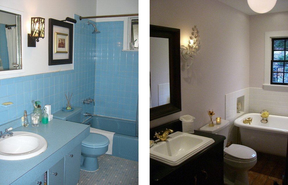 ニューヨークにあるお手頃価格の小さなエクレクティックスタイルのおしゃれな浴室 (オーバーカウンターシンク、濃色木目調キャビネット、猫足バスタブ、一体型トイレ	、白いタイル、セラミックタイル、ピンクの壁、セラミックタイルの床) の写真