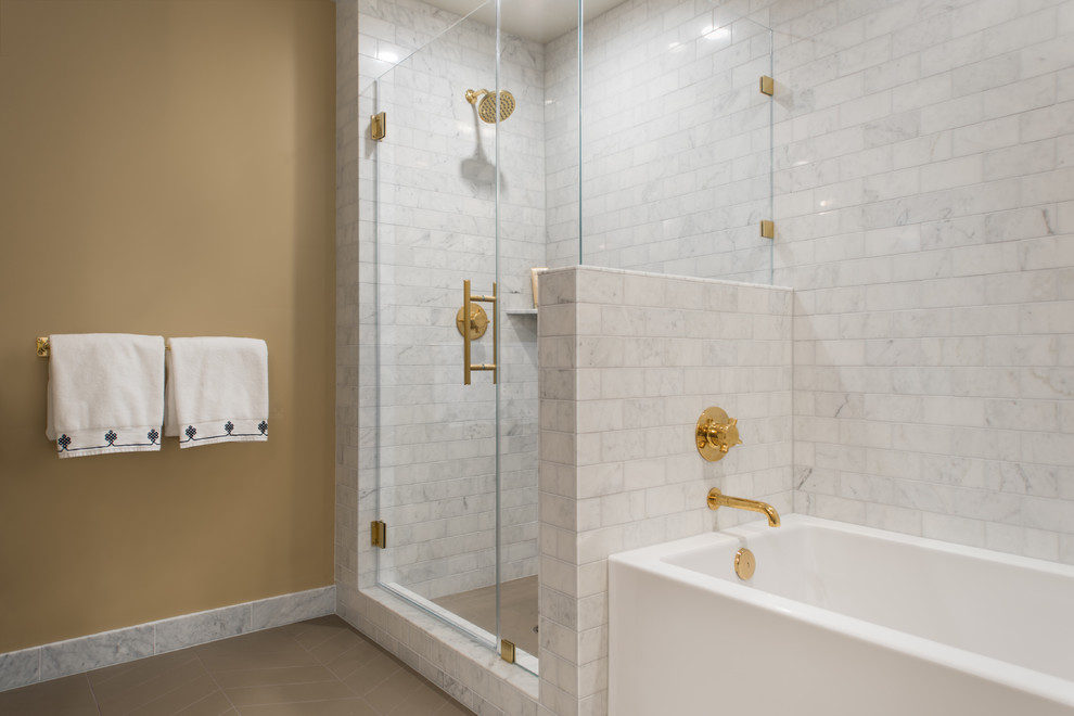 Bathroom - mid-sized contemporary master gray tile and marble tile medium tone wood floor and gray floor bathroom idea in San Francisco with shaker cabinets, gray cabinets, a one-piece toilet, beige walls, an undermount sink, marble countertops, a hinged shower door and gray countertops