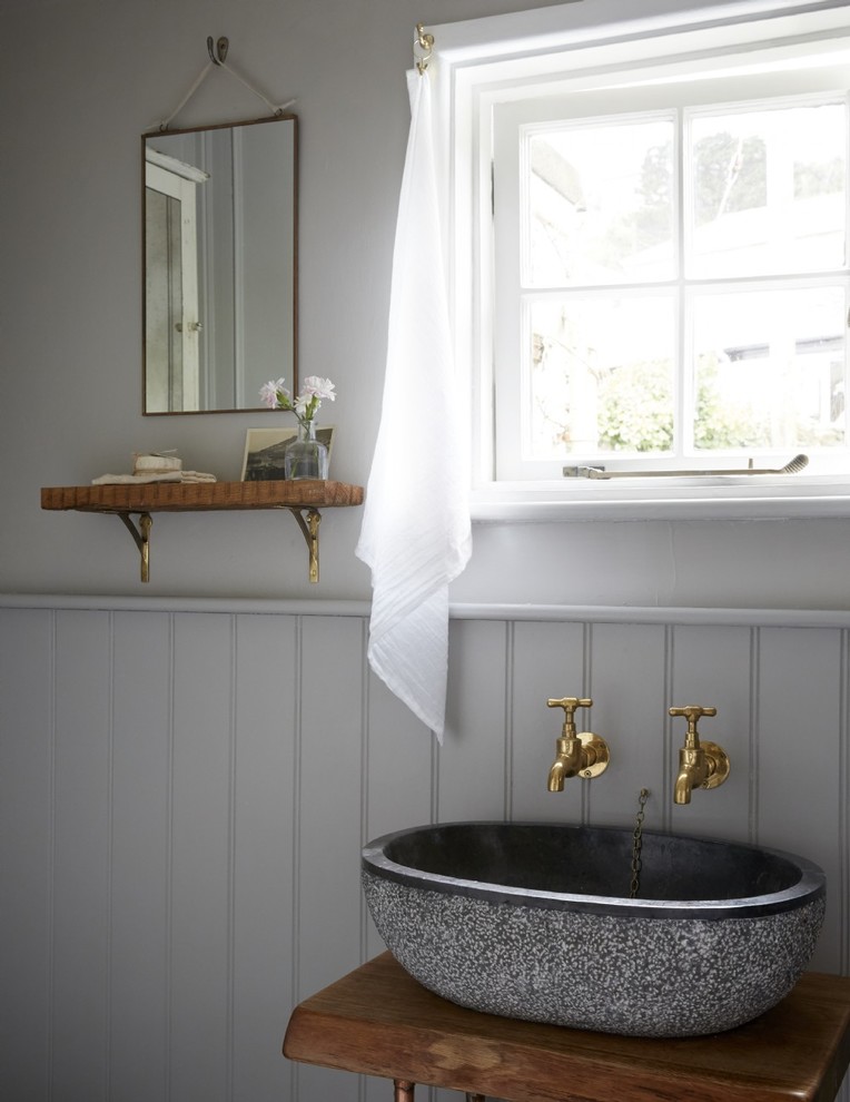 Design ideas for a medium sized nautical ensuite bathroom in Cornwall with a built-in shower, a two-piece toilet, grey walls, painted wood flooring and a trough sink.