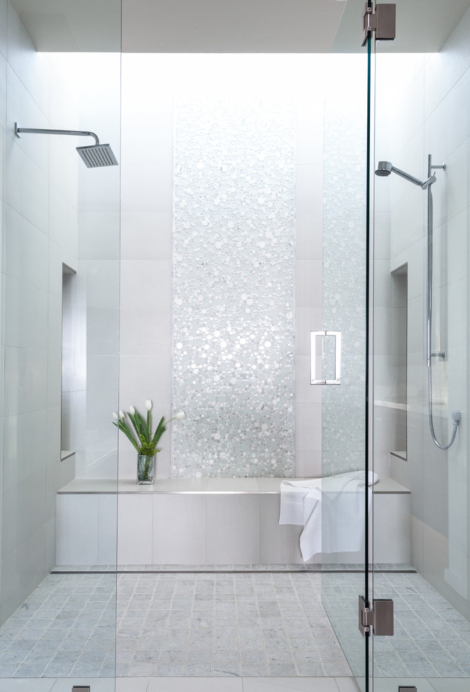 Photo of a large contemporary ensuite bathroom in Los Angeles with a double shower, white tiles, mosaic tiles, white walls, porcelain flooring, white floors, a wall niche and a shower bench.