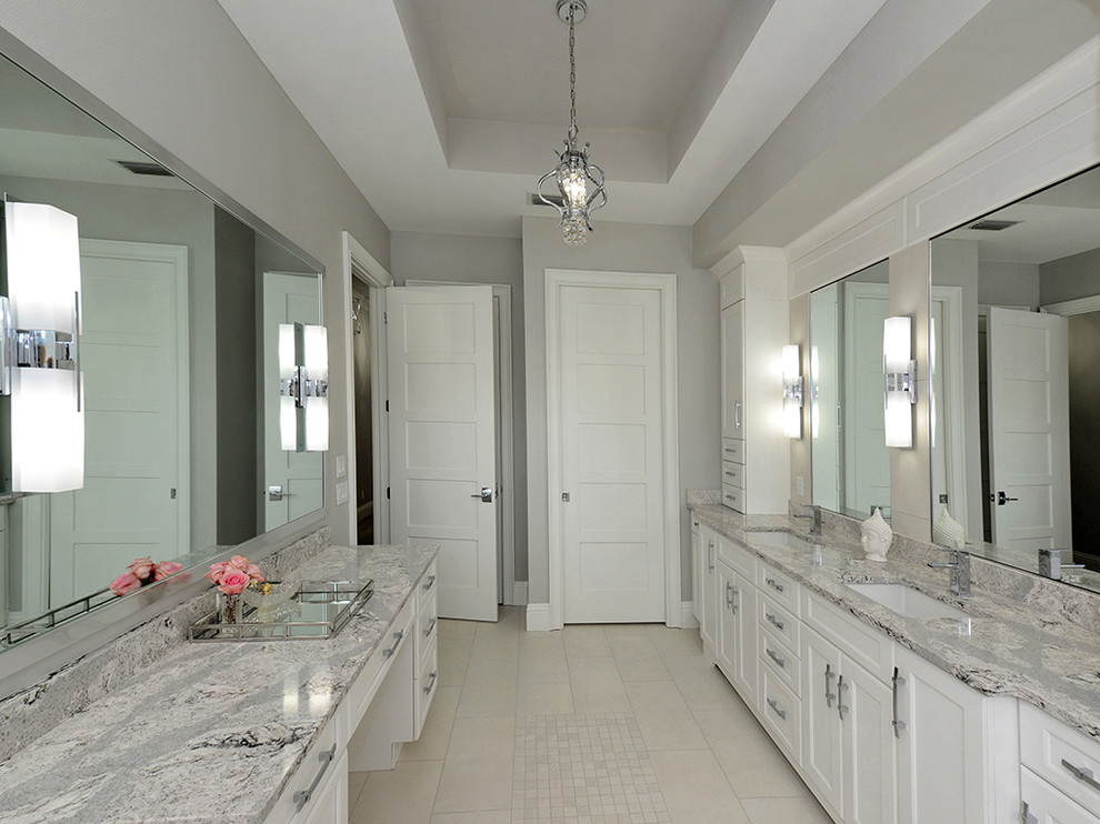 Large transitional master white tile and porcelain tile porcelain tile bathroom photo in Tampa with shaker cabinets, white cabinets, gray walls, an undermount sink and quartzite countertops