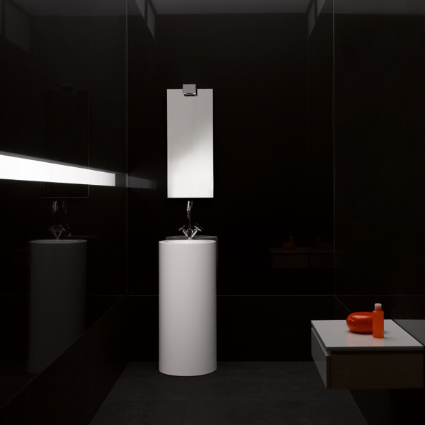 Réalisation d'une salle de bain design avec un mur noir, un sol noir et meuble simple vasque.