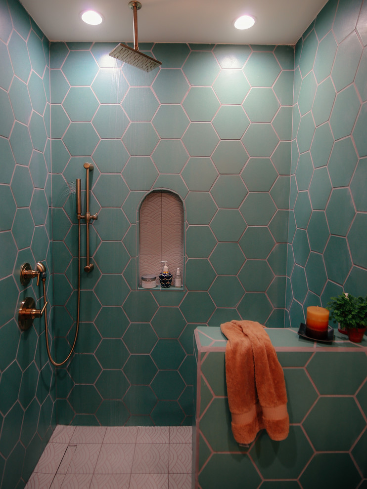 The Jungalow Hexagon Tile Bathroom with Handpainted Floor Tile