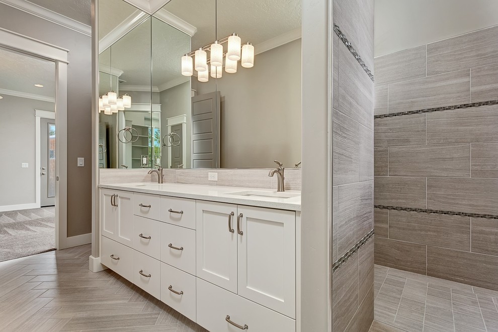 Large classic shower room bathroom in Boise with shaker cabinets, white cabinets, a walk-in shower, grey tiles, porcelain tiles, grey walls, porcelain flooring, a submerged sink and engineered stone worktops.