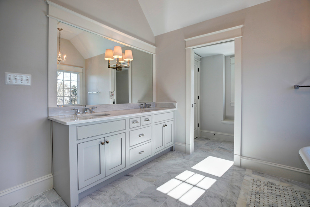 Design ideas for a medium sized classic ensuite bathroom in DC Metro with a submerged sink, grey cabinets, quartz worktops, a claw-foot bath, a corner shower, a two-piece toilet, grey tiles, glass tiles, grey walls and shaker cabinets.