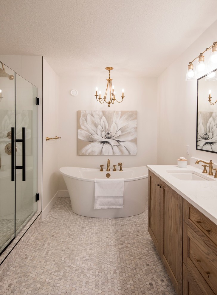Mid-sized transitional master white tile and cement tile marble floor and beige floor bathroom photo in Edmonton with shaker cabinets, quartzite countertops, a hinged shower door, white countertops, medium tone wood cabinets, beige walls and an undermount sink