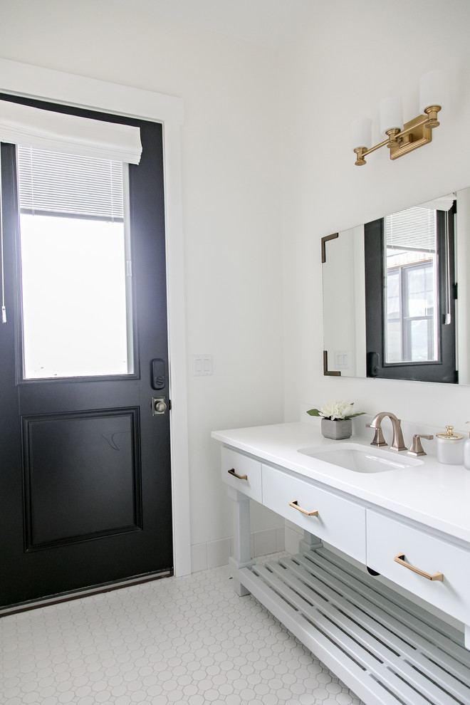 Inspiration for a medium sized farmhouse shower room bathroom in Salt Lake City with freestanding cabinets, white cabinets, white walls, ceramic flooring, a submerged sink, engineered stone worktops, white floors and white worktops.