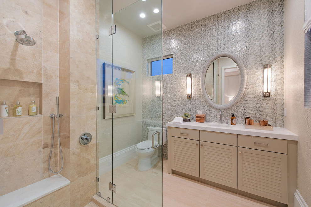 Alcove shower - huge transitional 3/4 multicolored tile and mosaic tile alcove shower idea in Miami with an undermount sink, beige cabinets and marble countertops