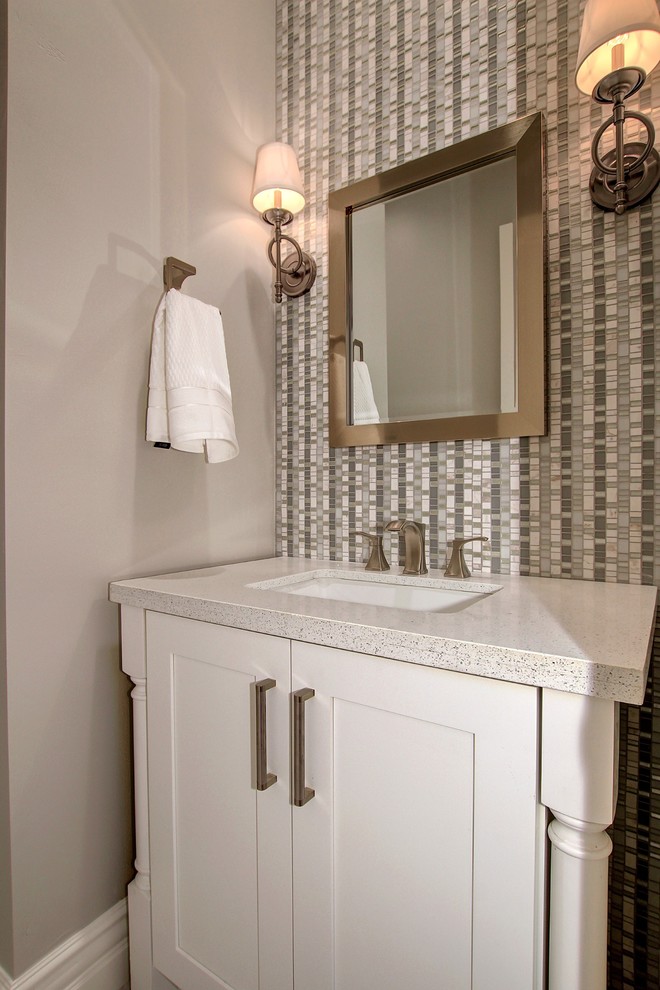 Example of a large transitional master gray tile and mosaic tile porcelain tile and gray floor bathroom design in Phoenix with shaker cabinets, white cabinets, beige walls and an undermount sink