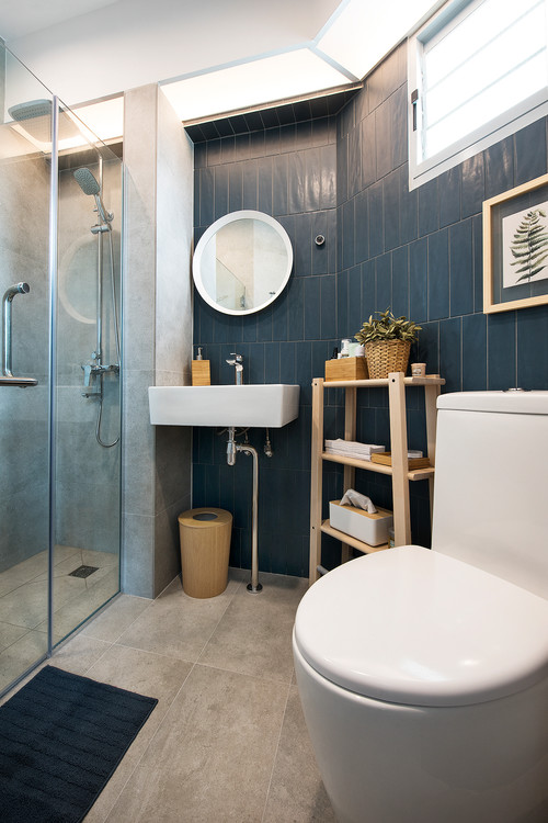 Indigo Inspiration: Scandinavian Very Small Bathroom Ideas with Indigo Wall Tiles and a Concrete-Look Floor